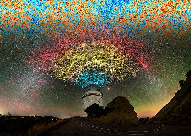 An artistic composition of a DESI galaxy-map slice above the Mayall telescope